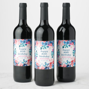 Chic Watercolor Floral 80th Happy Birthday Wine Label
