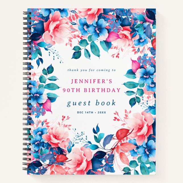 Chic Watercolor Floral 90th Birthday Guest Book (Front)