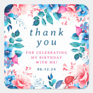 Chic Watercolor Floral Birthday Thank You Square Sticker