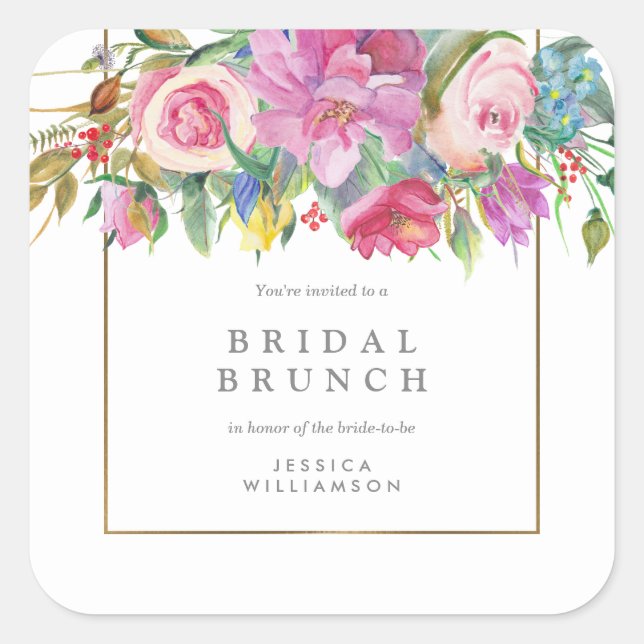 Chic Watercolor Floral Bridal Brunch Square Sticker (Front)