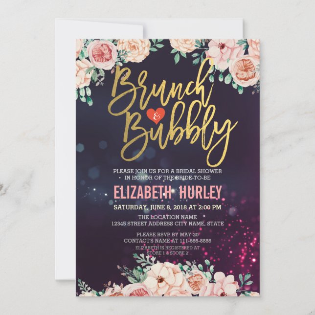 Chic Watercolor Floral Brunch Bubbly Bridal Shower Invitation (Front)