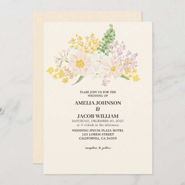 Chic Watercolor floral butter yellow peach Wedding Invitation (Front/Back)