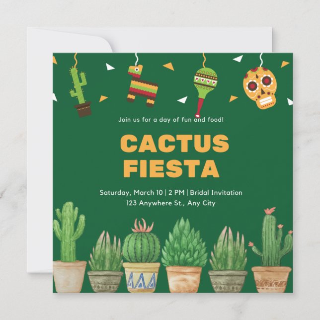 Chic Watercolor Floral Cactus Fiesta Bridal Shower Invitation (Front)