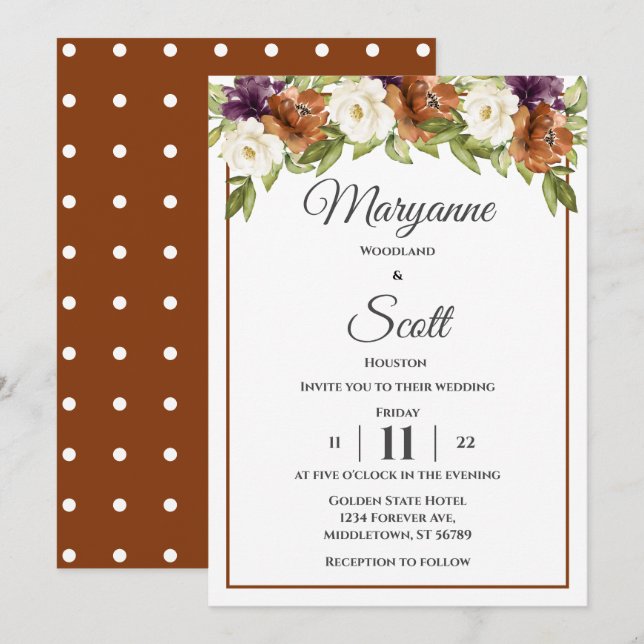 Chic Watercolor Floral Fall Wedding Invitation (Front/Back)