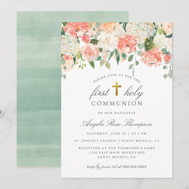 Chic Watercolor Floral Girl's First Holy Communion Invitation (Front/Back)