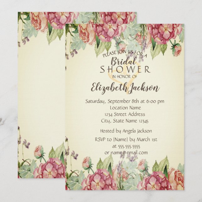 Chic Watercolor Floral Glitter Heart Bridal Shower Invitation (Front/Back)