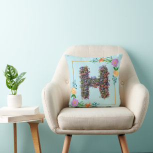 Chic Watercolor Floral Letter H Throw Pillow
