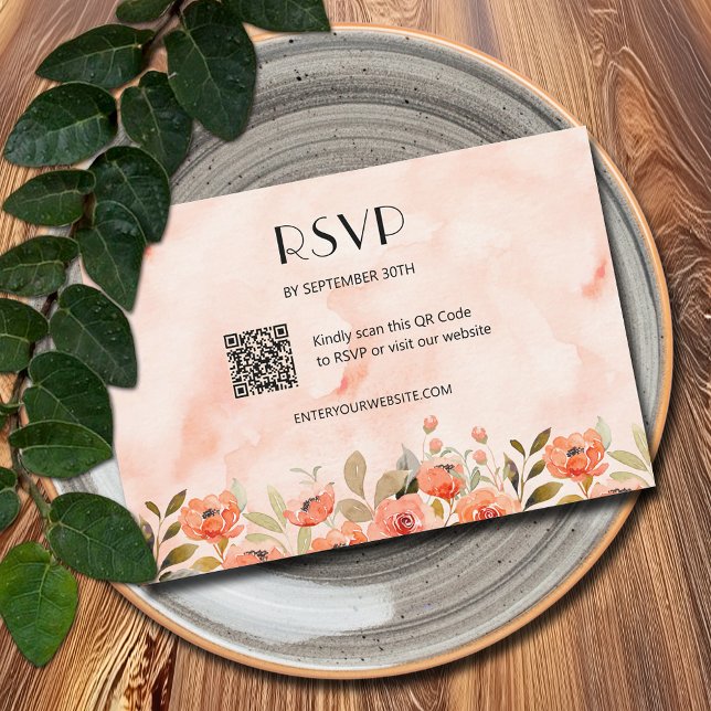 Chic Watercolor Floral QR Code RSVP Card (Watercolor Orange Floral QR Code RSVP Cards)