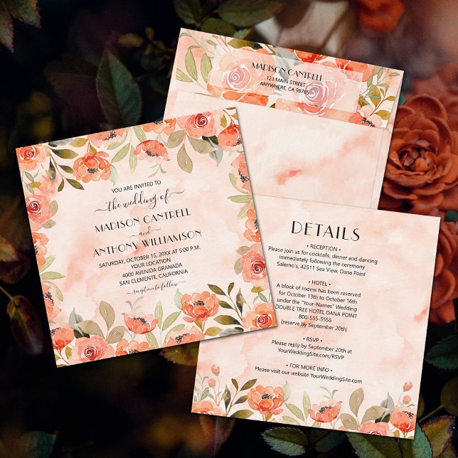 Chic Watercolor Floral Wedding All In One Invitation (Watercolor orange floral all-in-one wedding invitations (envelopes sold separately.))