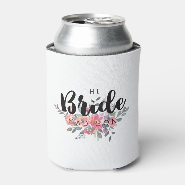 Chic Watercolor Floral Wedding Bride Can Cooler (Can Front)