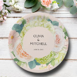 Chic Watercolor Florals Blush Pink Wedding Paper Plate<br><div class="desc">Beautiful watercolor white and green hydrangeas,  pink and cream roses,  daisies,  small blossoms and leaves on blush pink,  personalize these paper plates for your wedding,  bridal shower,  engagement party,  with your details in chic lettering. MATCHING items in our store.</div>