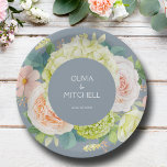 Chic Watercolor Florals Dusty Blue Wedding Paper Plate<br><div class="desc">Beautiful watercolor white and green hydrangeas,  pink and cream roses,  daisies,  small blossoms and leaves on dusty blue,  personalize these paper plates for your wedding,  bridal shower,  engagement party,  with your details in chic white lettering. MATCHING items in our store.</div>