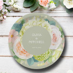 Chic Watercolor Florals Sage Green Wedding Paper Plate<br><div class="desc">Beautiful watercolor white and green hydrangeas with pink and cream roses,  daisies,  small blossoms and leaves on sage green,  personalize these paper plates for your wedding,  bridal shower,  engagement party,  with your details in chic white lettering. MATCHING items in our store.</div>