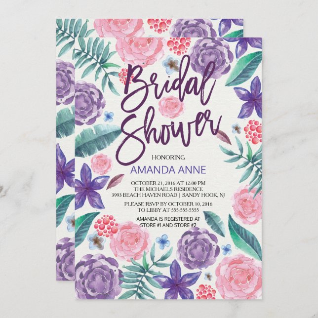 Chic Watercolor Flowers Bridal Shower Invitation (Front/Back)