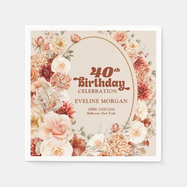 Chic watercolor flowers fall colours 40th birthday napkin (Front)