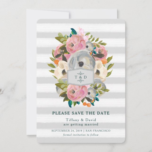 Chic Watercolor Flowers Grey Stripes Save the Date (Front)