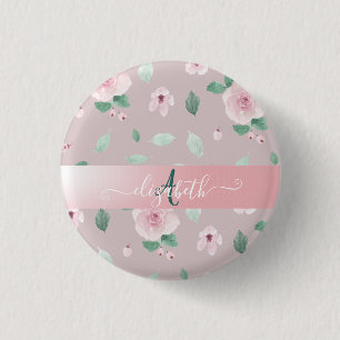 Chic Watercolor Flowers Monogram 1 Inch Round Button