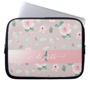 Chic Watercolor Flowers Monogram Laptop Sleeve