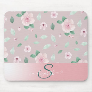 Chic Watercolor Flowers Monogram Mouse Pad