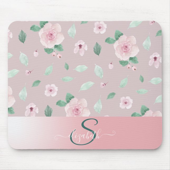 Chic Watercolor Flowers Monogram Mouse Pad (Front)