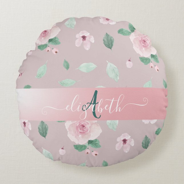 Chic Watercolor Flowers Monogram   Round Pillow (Front)