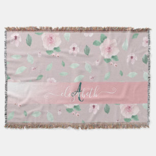 Chic Watercolor Flowers Monogram Throw Blanket