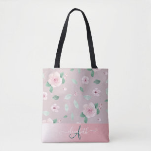 Chic Watercolor Flowers Monogram Tote Bag