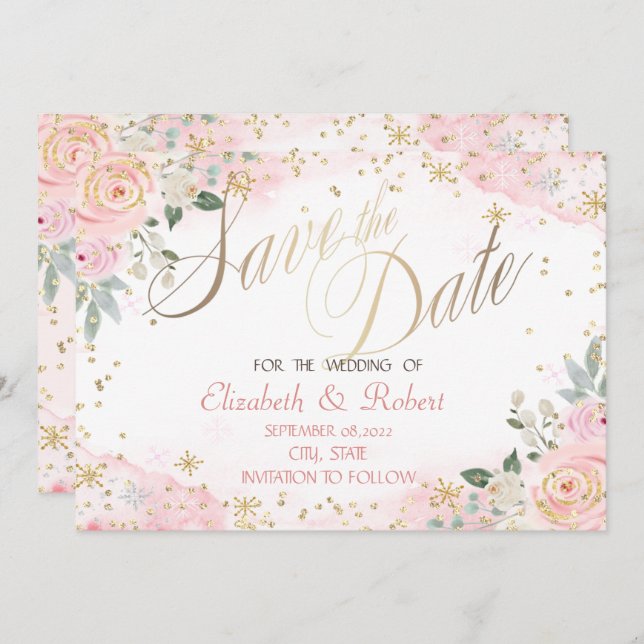 Chic Watercolor Flowers Snowflakes  Save The Date (Front/Back)