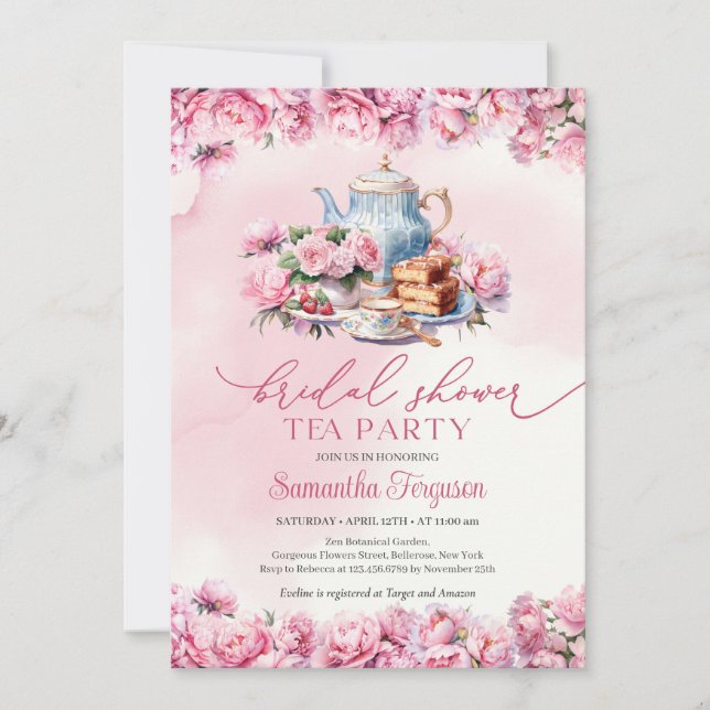 Chic watercolor fuchsia peonies floral tea party invitation (Front)