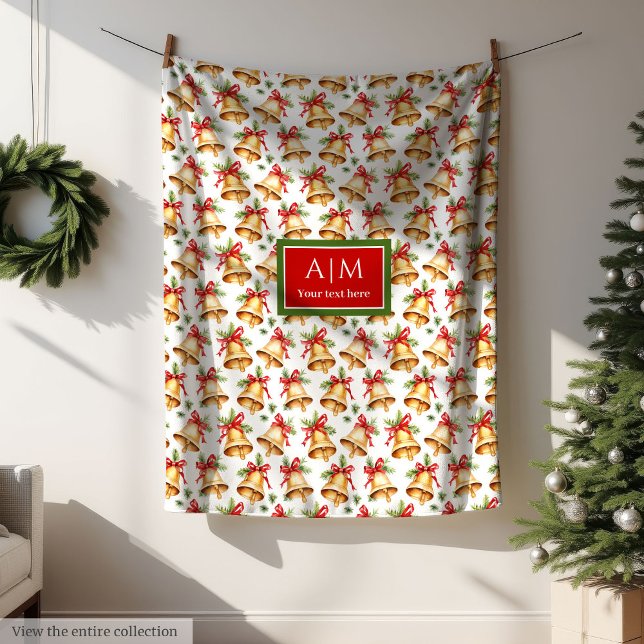 Chic watercolor gold Christmas bells personalized Fleece Blanket (Monogrammed watercolor Christmas tree cozy blanket)