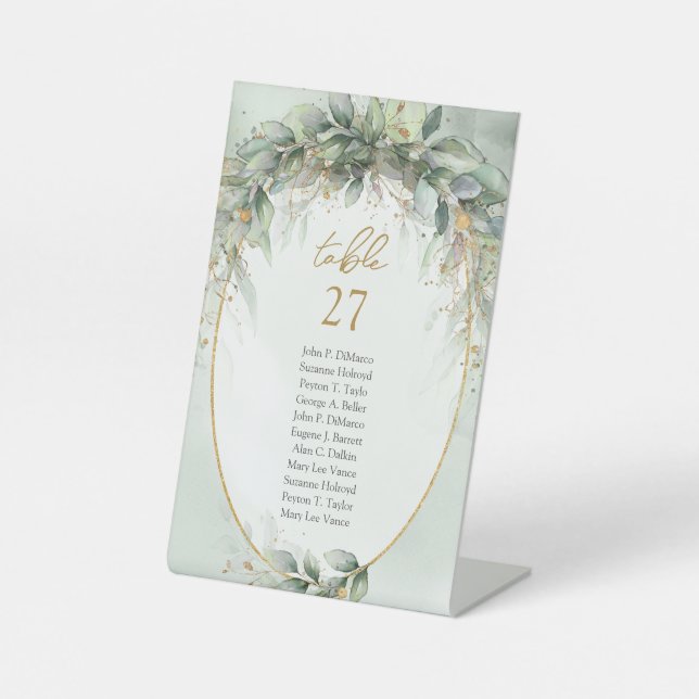 Chic watercolor greenery and gold frame wedding pedestal sign (Front)