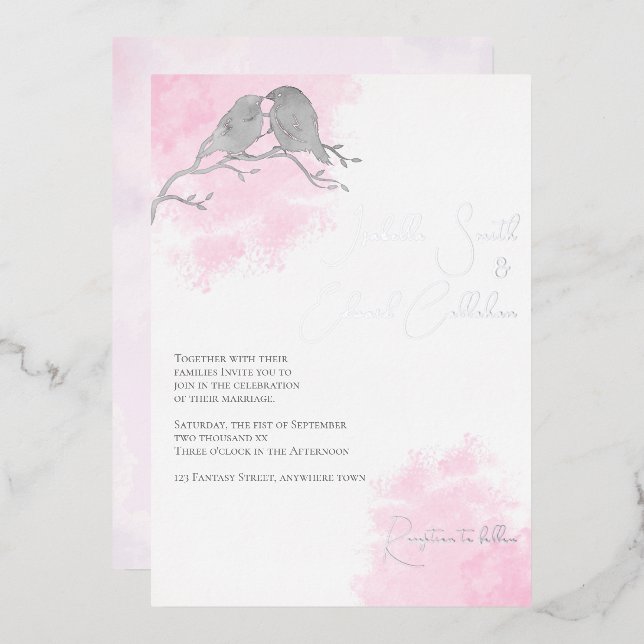 Chic Watercolor Grey Lovebirds Pink Colour Wash   (Front/Back)
