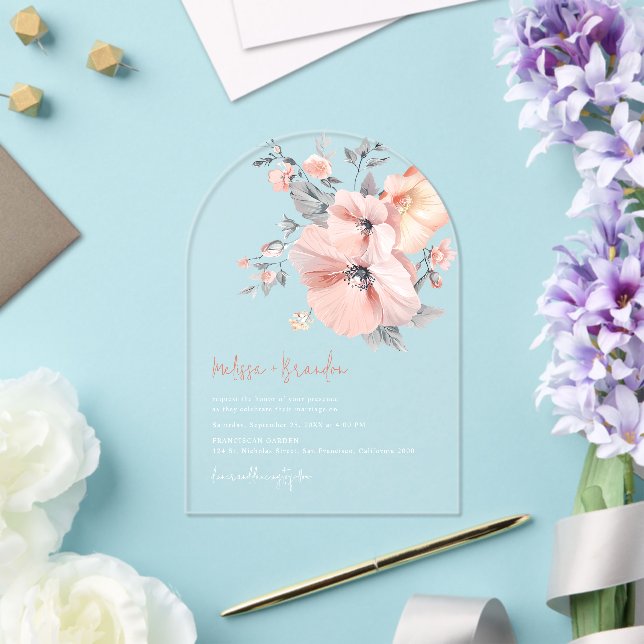 Chic Watercolor Hibiscus Flower Clear Wedding Acrylic Invitations (Insitu (Wedding))