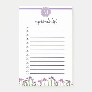 Chic Watercolor Iris Flowers To-Do List Monogram Post-it Notes