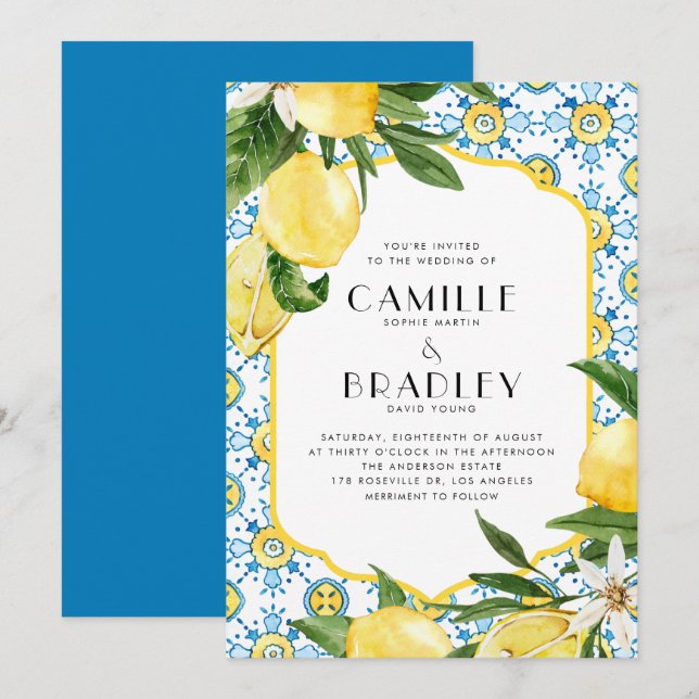 Chic Watercolor Lemon Mediterranean Summer Wedding Invitation (Front/Back)