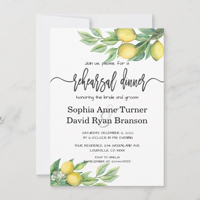 Chic Watercolor Lemon Tropical Rehearsal Dinner Invitation (Front)