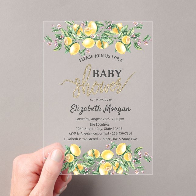 Chic Watercolor Lemons Flowers Baby Shower Acrylic Invitations (Insitu (Handheld))