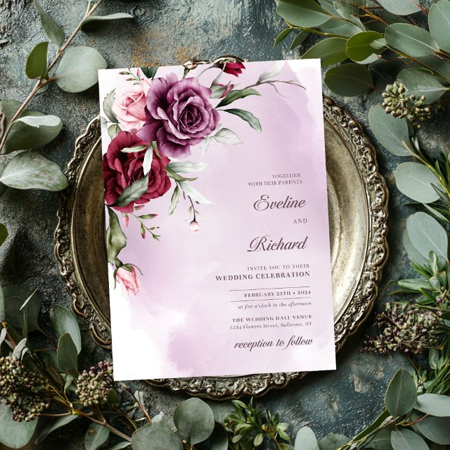 Chic watercolor maroon and burgundy roses  invitation (Chic watercolor maroon and burgundy roses invitation)