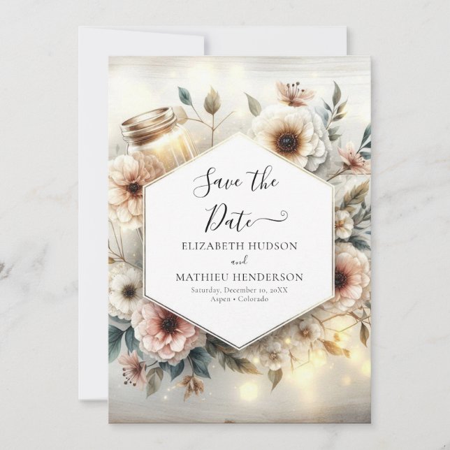  Chic Watercolor Mason Jar Wedding Save The Date (Front)