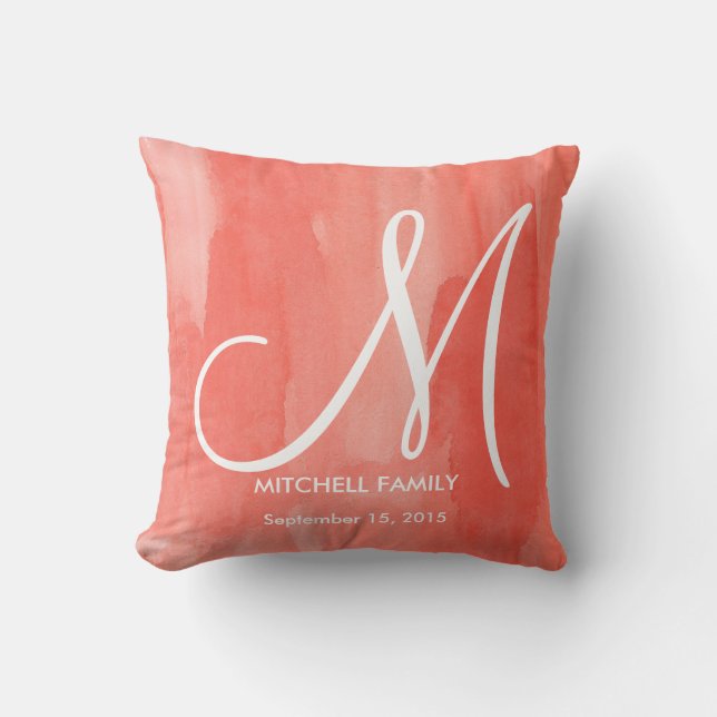 Chic Watercolor Monogram Family Wedding Square Throw Pillow (Front)