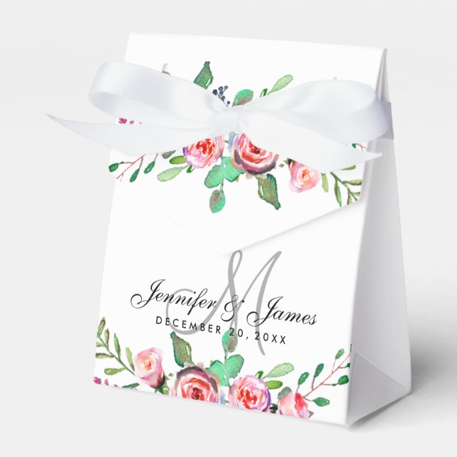 Chic Watercolor Monogram Floral Wedding Favour Box (Front Side)