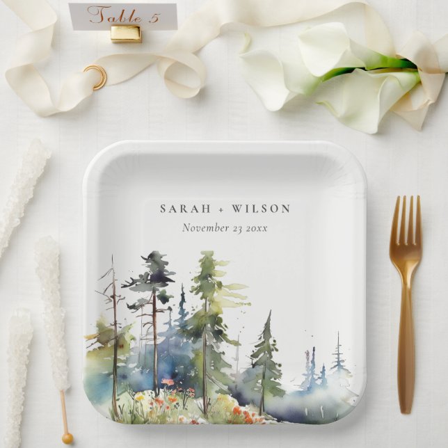 Chic Watercolor Pine Forest Landscape Wedding Paper Plate (Wedding)