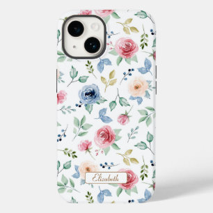 Chic Watercolor Pink Blush Blue Flowers Pattern Case-Mate iPhone 14 Case