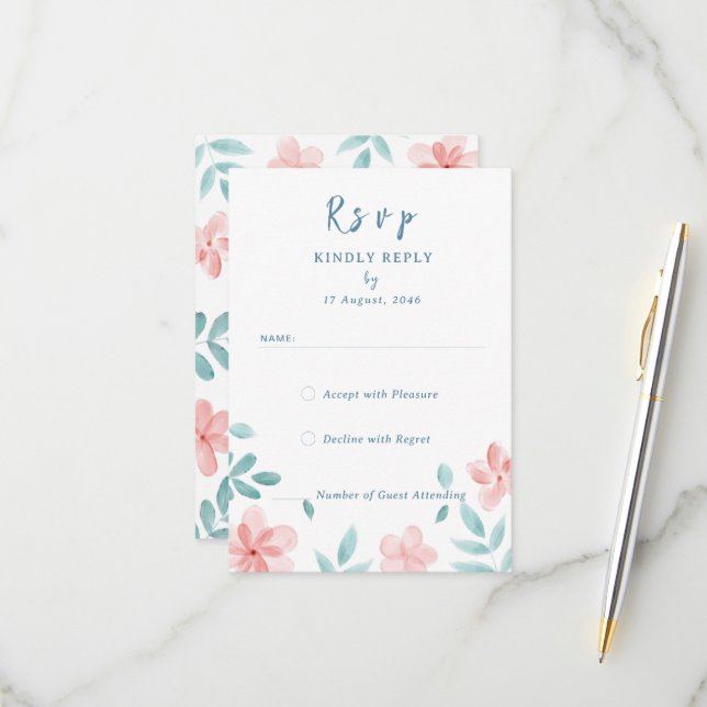 Chic Watercolor Pink Floral Invitation RSVP Cards