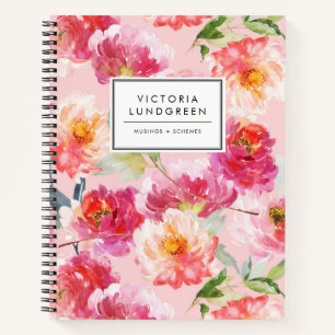 Chic Watercolor Pink Peonies Floral Pattern Custom Notebook
