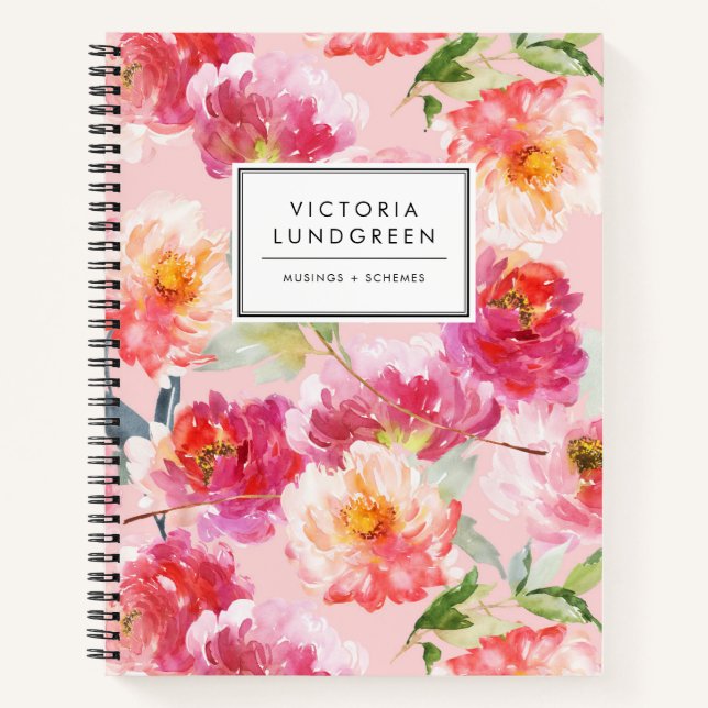 Chic Watercolor Pink Peonies Floral Pattern Custom Notebook (Front)