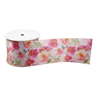 Chic Watercolor Pink Peonies Floral Pattern Satin Ribbon