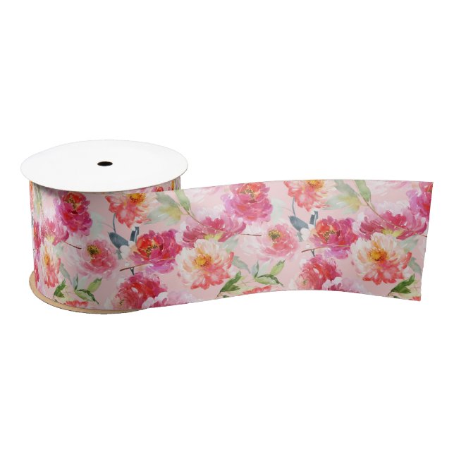 Chic Watercolor Pink Peonies Floral Pattern Satin Ribbon (Spool)