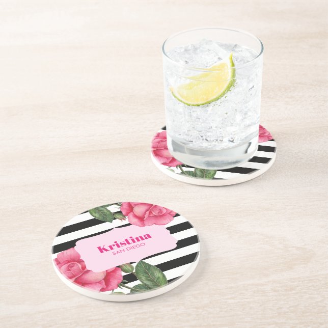 Chic Watercolor Pink Roses Black White Stripes Coaster (Side)
