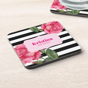 Chic Watercolor Pink Roses Black White Stripes Coaster